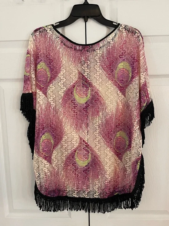 Boho Fringe Peacock-Print Top - Picture 1 of 5